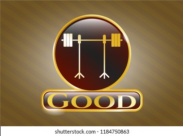  Golden badge with barbell on rack icon and Good text inside