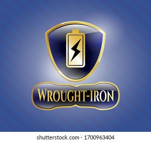  Golden badge with battery charging icon and Wrought-iron text inside
