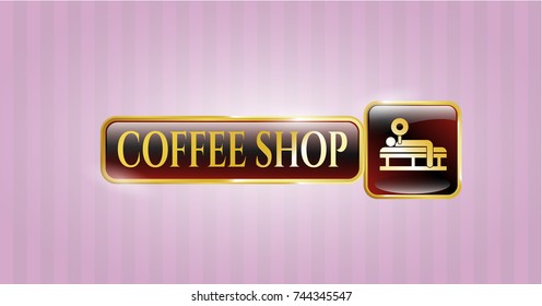  Golden badge with bench press icon and Coffee Shop text inside