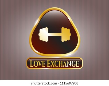  Golden badge with big dumbbell icon and Love Exchange text inside