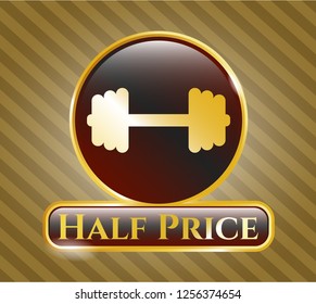  Golden badge with big dumbbell icon and Half Price text inside