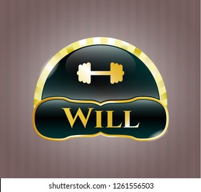  Golden badge with big dumbbell icon and Will text inside