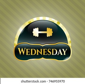 Golden badge with big dumbbell icon and Wednesday text inside