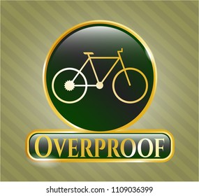   Golden badge with bike icon and Overproof text inside