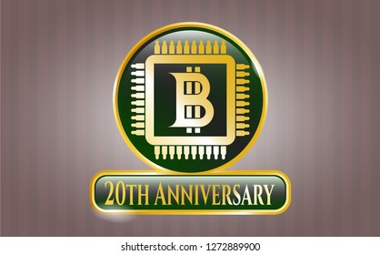  Golden badge with bitcoin chip (cryptocurrency mining concept) icon and 20th Anniversary text inside