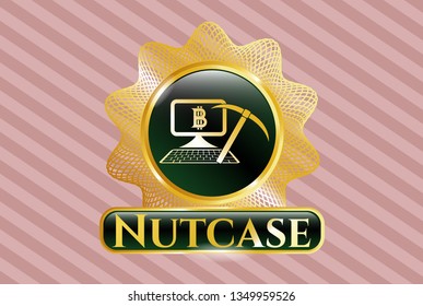  Golden badge with bitcoin mining icon and Nutcase text inside