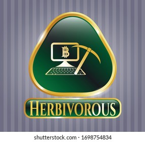  Golden badge with bitcoin mining icon and Herbivorous text inside