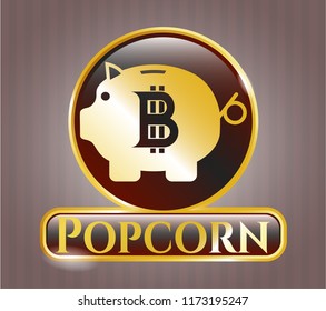  Golden badge with bitcoin piggy bank icon and Popcorn text inside