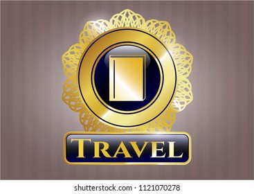  Golden badge with book icon and Travel text inside