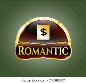  Golden badge with book with money symbol inside icon and Romantic text inside