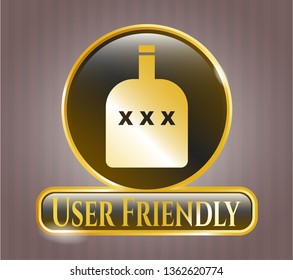  Golden badge with bottle of alcohol icon and User Friendly text inside