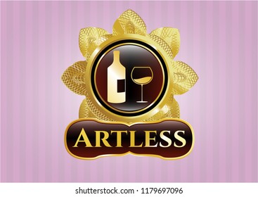  Golden badge with bottle and glass of wine icon and Artless text inside