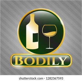  Golden badge with bottle and glass of wine icon and Bodily text inside