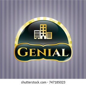  Golden badge with buildings icon and Genial text inside