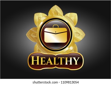   Golden badge with business briefcase icon and Healthy text inside