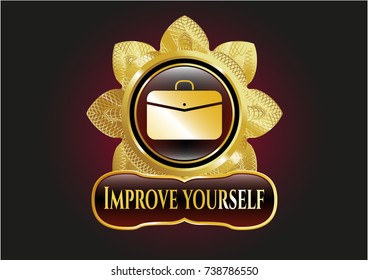  Golden badge with business briefcase icon and Improve yourself text inside