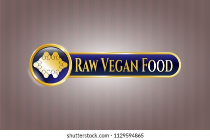  Golden badge with business meeting teamwork icon and Raw Vegan Food text inside