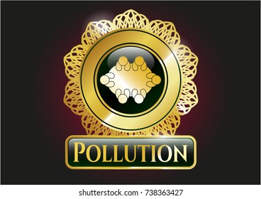 Golden badge with business meeting teamwork icon and Pollution text inside