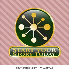  Golden badge with business network icon and Start your Stroy Today text inside
