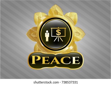  Golden badge with business presentation icon and Peace text inside