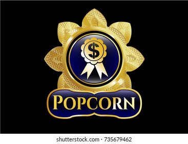  Golden badge with business ribbon icon and Popcorn text inside