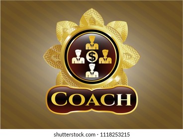  Golden badge with business teamwork and money icon and Coach text inside