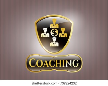 Golden badge with business teamwork and money icon and Coaching text inside