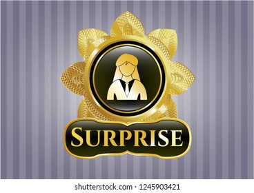  Golden badge with businesswoman icon and Surprise text inside