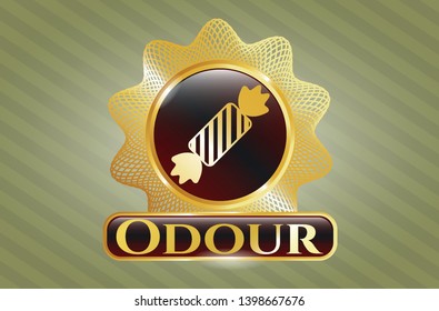  Golden badge with candy icon and Odour text inside