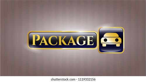  Golden badge with car seen from front icon and Package text inside