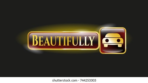  Golden badge with car seen from front icon and Beautifully text inside