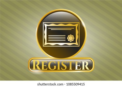   Golden badge with certificate icon and Register text inside