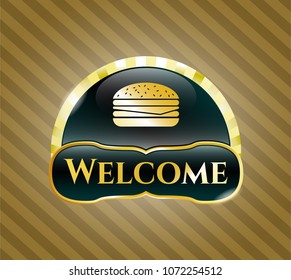  Golden badge with cheeseburger icon and Welcome text inside