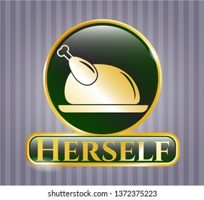  Golden badge with chicken dish icon and Herself text inside
