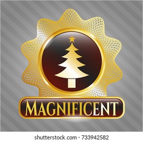  Golden badge with christmas tree icon and Magnificent text inside