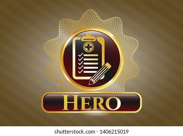  Golden badge with clinic history icon and Hero text inside