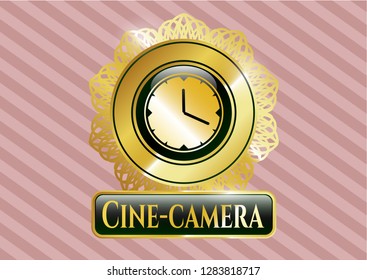  Golden badge with clock, time icon and Cine-camera text inside