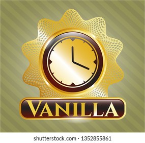  Golden badge with clock, time icon and Vanilla text inside