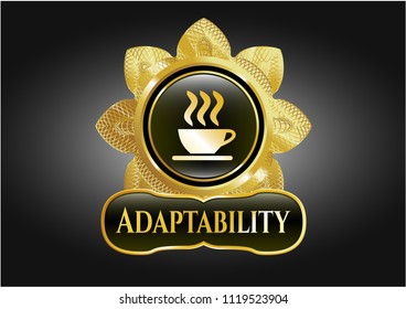 Golden badge with coffee cup icon and Adaptability text inside