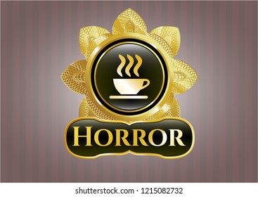  Golden badge with coffee cup icon and Horror text inside
