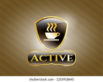  Golden badge with coffee cup icon and Active text inside