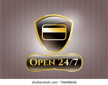  Golden badge with credit card icon and Open 24/7 text inside