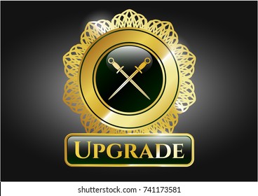  Golden badge with crossed swords icon and Upgrade text inside