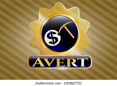  Golden badge with cryptocurrency mining icon and Avert text inside