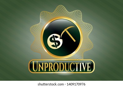  Golden badge with cryptocurrency mining icon and Unproductive text inside