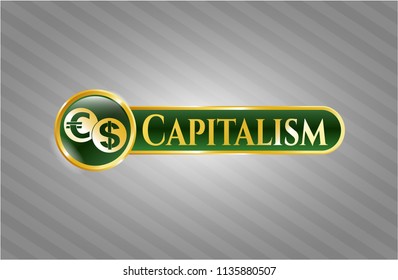  Golden badge with currency exchange icon and Capitalism text inside