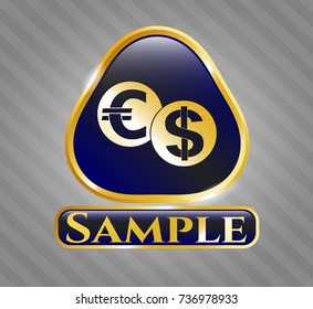  Golden badge with currency exchange icon and Sample text inside