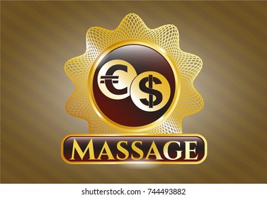  Golden badge with currency exchange icon and Massage text inside