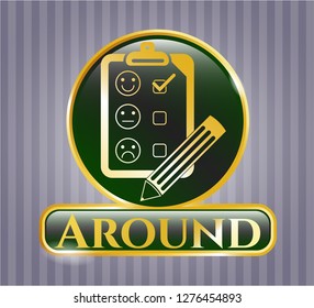  Golden badge with customer feedback icon and Around text inside