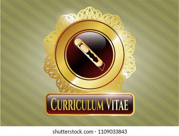   Golden badge with cutter icon and Curriculum Vitae text inside